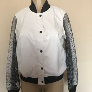 White bomber jacket snakeskin sleeves